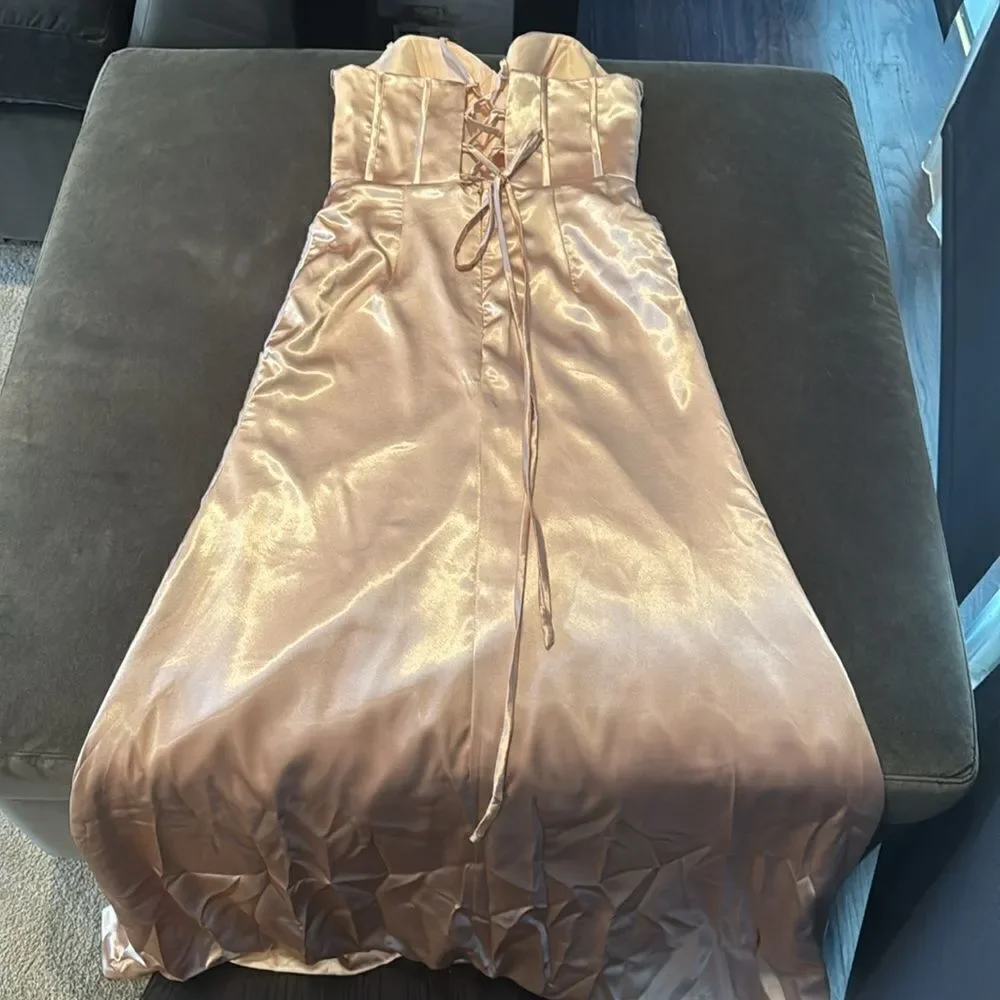 Women Full Length Prom Party Dress CrissCross Straps Leg Slit Size 8 *READ FLAWS